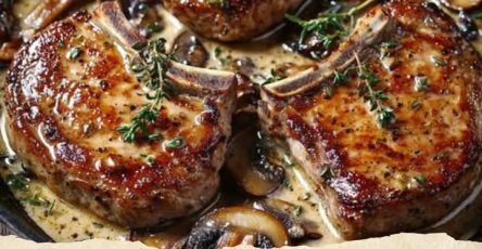 Creamy Mushroom Pork Chops with Garlic & Thyme Sauce