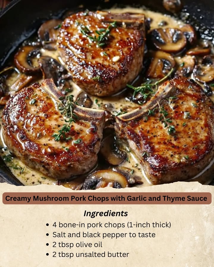 Creamy Mushroom Pork Chops with Garlic & Thyme Sauce