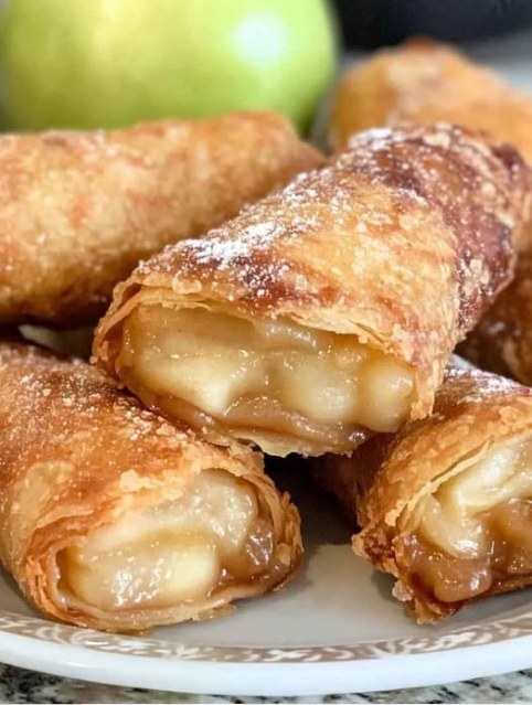 Crispy Cinnamon Sugar Apple Pie Egg Rolls with Caramel Dip